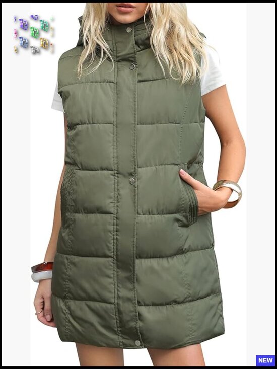 Jackets & Blazers - Long Puffer Vest Hooded Sleeveless Zip Up Gilet Quilted Winter Casual Slim Fit